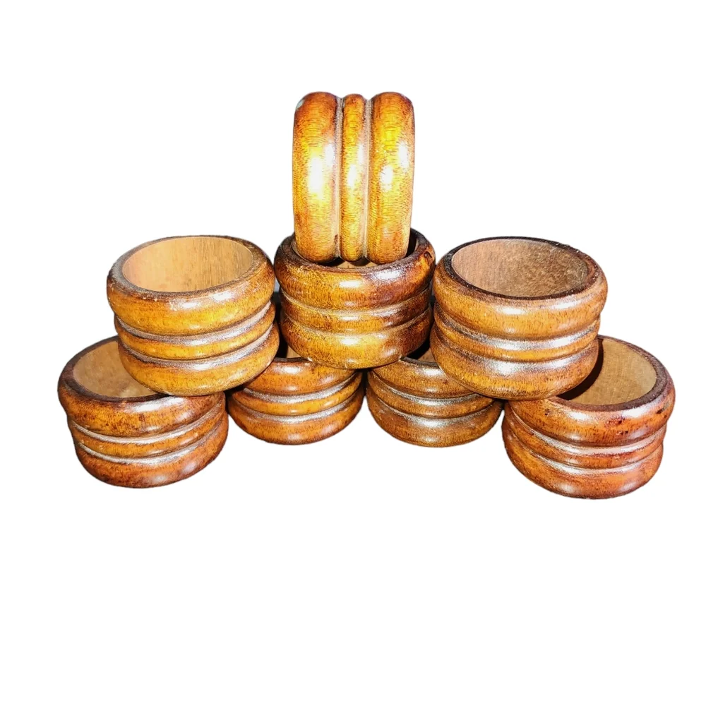 Vintage Taiwain #8 Mid Century Round Turned Wood Napkin Rings 1.75